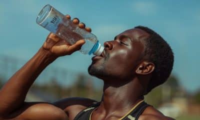 Pessoa se hidratando durante treino ao ar livre em dia quente