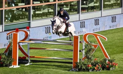 Na imagem, Eduardo de Menezes saltando obstáculo com seu cavalo.