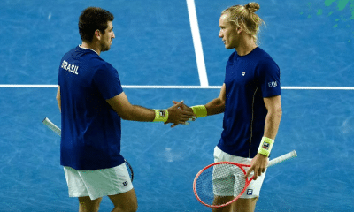 Os brasileiros Orlando Luz e Rafael Matos venceram nas duplas e fizeram o único ponto do Brasil neste sábado contra o Canadá pela Copa Davis (Foto: André Gemmer/CBT)
