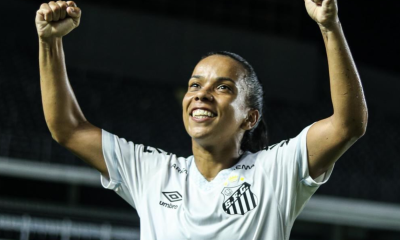 Katrine fez o primeiro gol do Santos no Brasileiro e na vitória sobre o Grêmio (Foto: Reinaldo Campos/Santos FC - @_reinaldocampos)