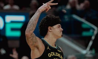 Na imagem, Gui Santos comemorando mais uma cesta para o Golden State Warriors.