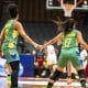 Na imagem, Damiris e Cacá Martins dando as mão na união do time do Brasil pela vaga ao Mundial de basquete.