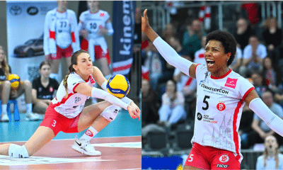 Mari Brambilla e Regiane atuaram bem na vitória do LKS Lodz pela Liga Polonesa (Foto: Michał Szymański/Tauron League)