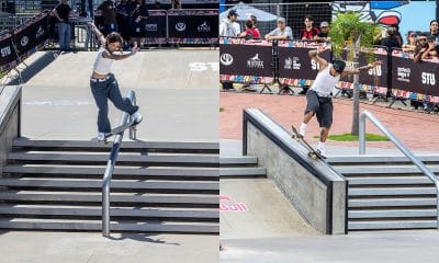 Na imagem, Isabelly Ávila e Gabryel Aguilar dropando com manobras nos corrimãos.