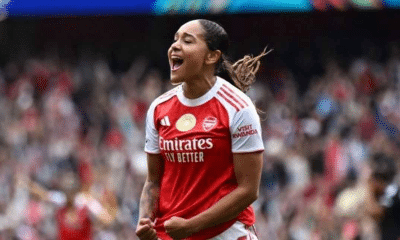Olivia Smith comemora o gol do Arsenal sobre o Lyonnes na UEFA Women’s Champions League Reprodução/UEFA Women’s Champions League