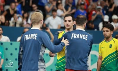 Hugo Calderano, Guilherme Teodoro, Félix Lebrun, Alexis Lebrun e Simon Gauzy no confronto entre Brasil e França nos Jogos Olímpicos Paris 2024