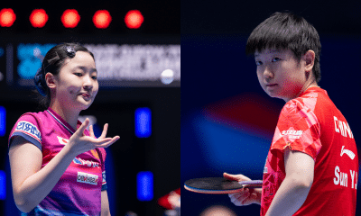 Sun Yingsha, da China, e Harimoto Miwa, do Japão, no Campeonato Mundial de Tênis de Mesa por Equipes