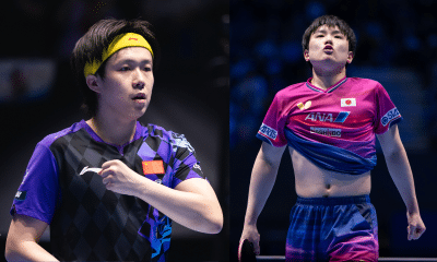 Wang Chuqin, da China, e Harimoto Tomokazu, do Japão, no Mundial de Tênis de Mesa por Equipes