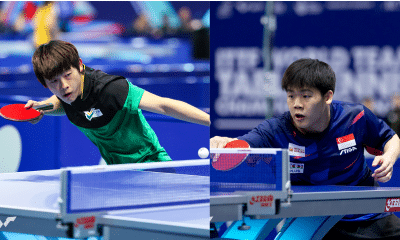 Leonardo Iizuka (BRA) e Quek Izaac (SGP) no Campeonato Mundial de Tênis de Mesa por Equipes Londres 2026