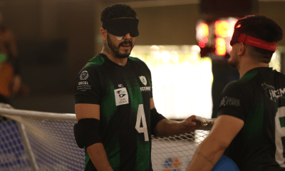 Time do Icemat-MT de goalball durante o Regional Centro-Norte de Goalball (foto: Álvaro Herculano/CBDV)