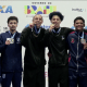 Vinicius e Wallace Celestino no pódio da prova sincronizada do Campeonato Brasileiro de Ginástica de Trampolim