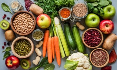 Prato com frutas, aveia, sementes, legumes e copo de água ao lado, em ambiente claro e natural.