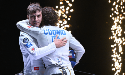 Alexandre Camargo e Valerio Cuomo na final da espada no Campeonato Italiano de Esgrima 2026 (foto: Federazione Italiana Scherma﻿)